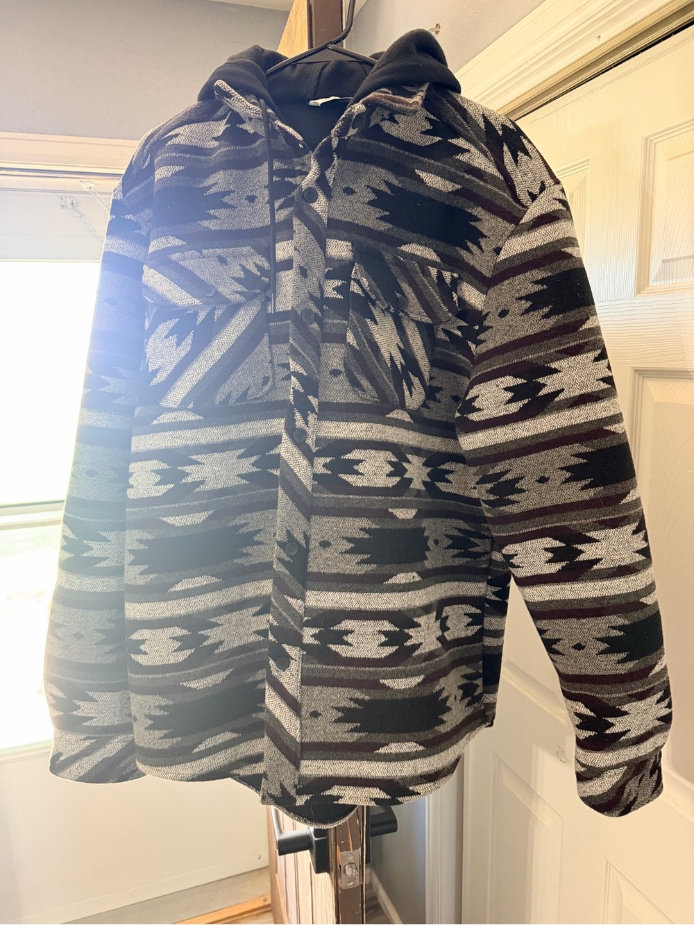 Men's Patterned Hooded Coat Jacket - Black & Gray